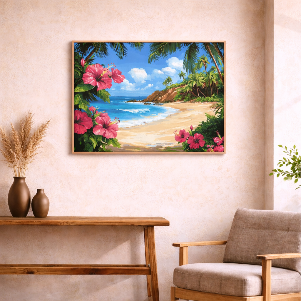 What's inside the Bliss by the Bay paint by numbers kit — canvas, paints and brushes