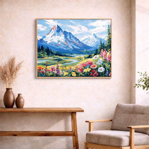 Snow-capped mountains over a wildflower meadow, Alpine Blossom Valley paint by numbers artwork