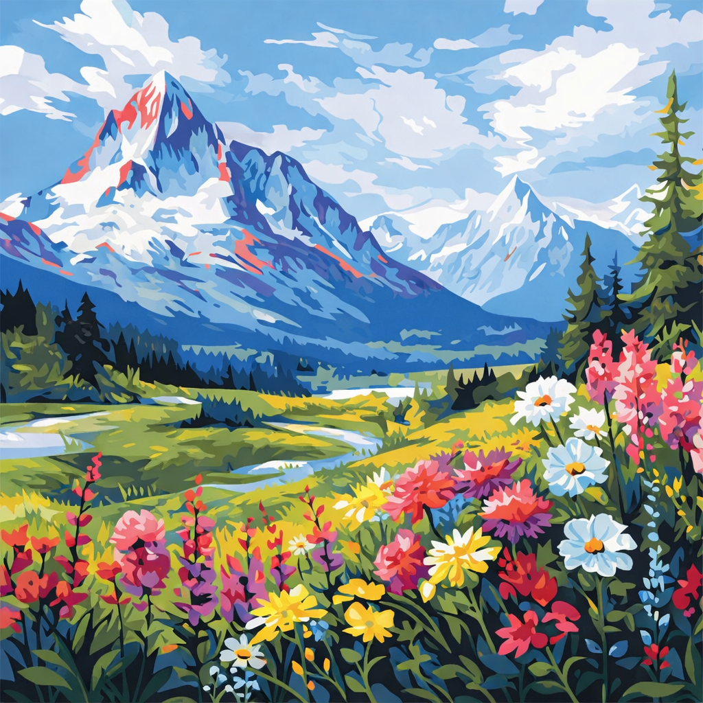 What's inside the Alpine Blossom Valley paint by numbers kit — canvas, paints and brushes