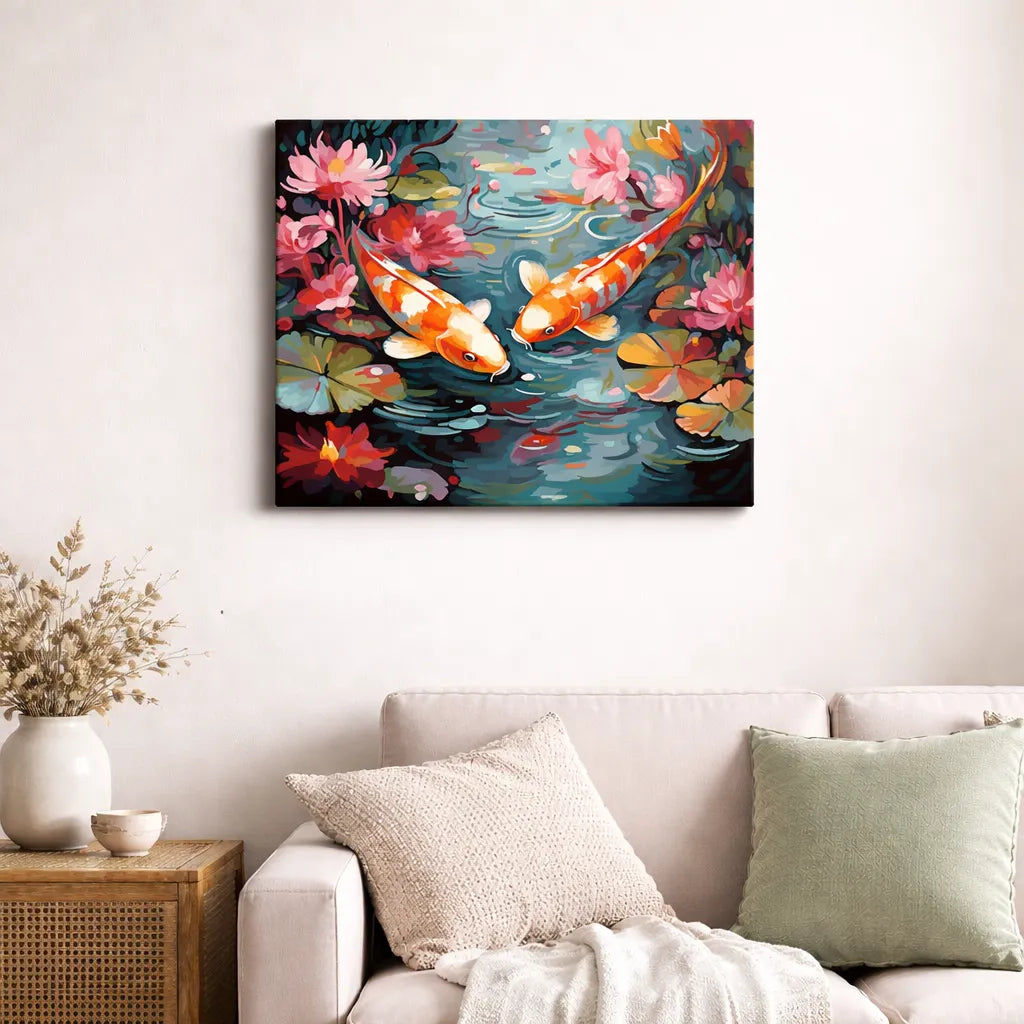 Second view of the koi pond paint by numbers canvas showing water and lily pad detail