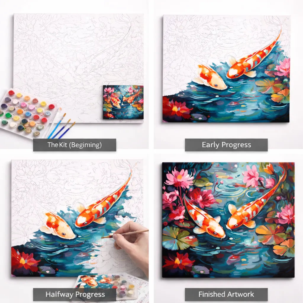 What's inside the Koi Pond Whispers paint by numbers kit — canvas, paints and brushes