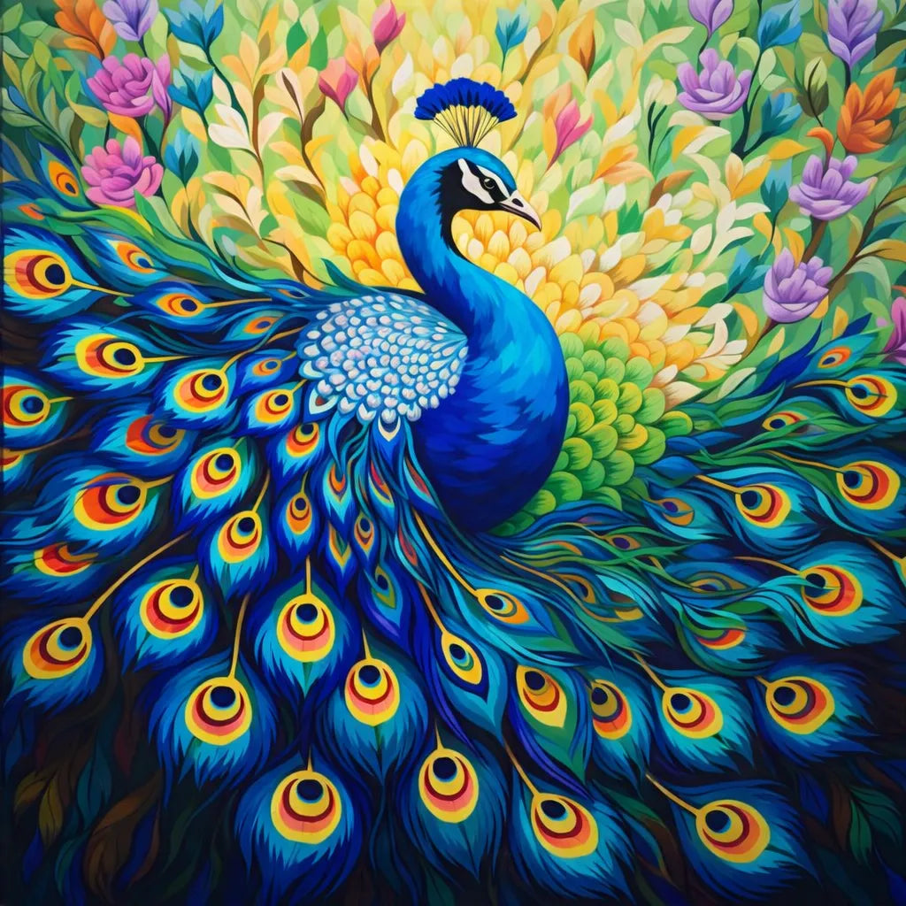 Peacock with fanned tail feathers, Neelmayur Bloom paint by numbers artwork
