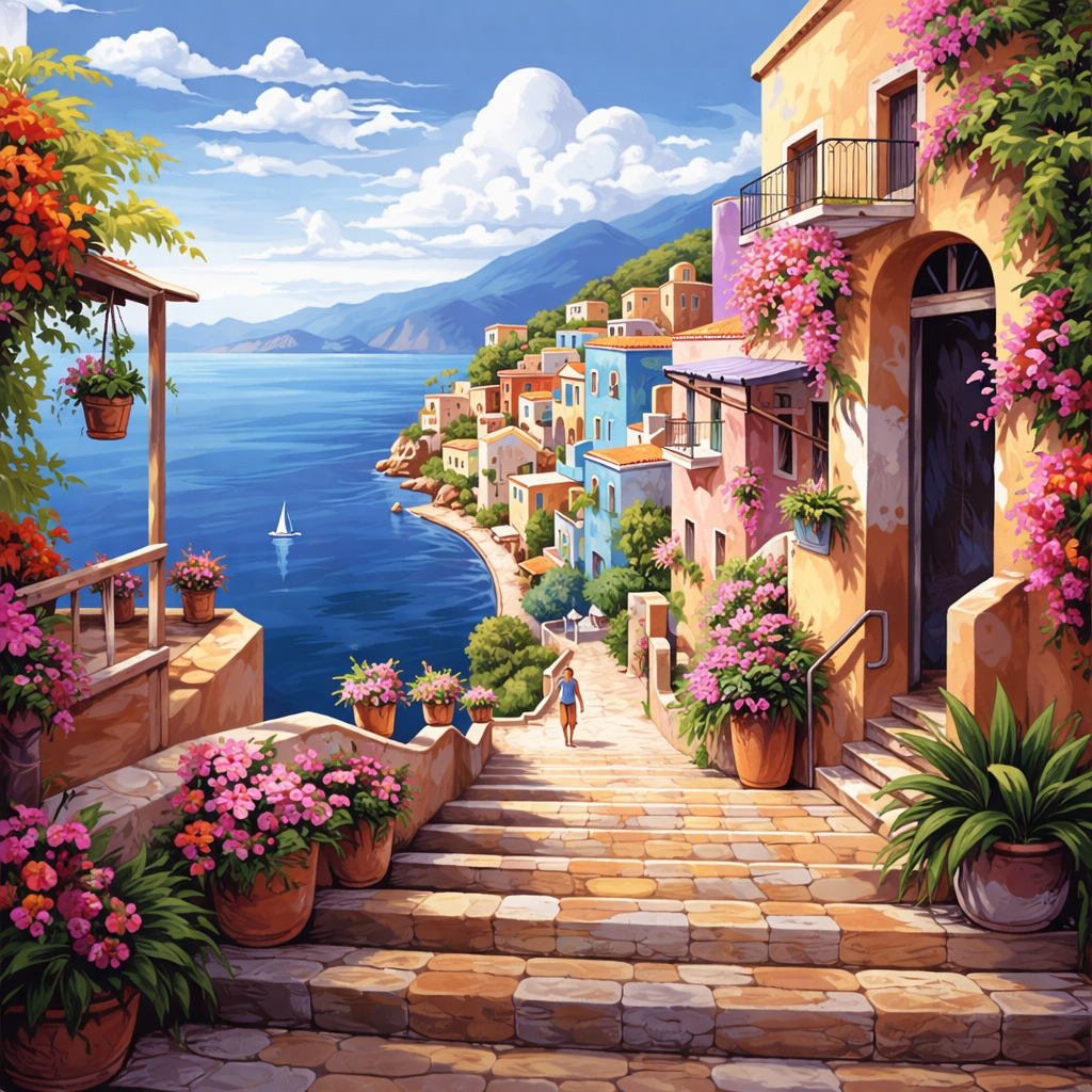Cliffside village above a blue bay, Where the Sea Meets Calm paint by numbers artwork