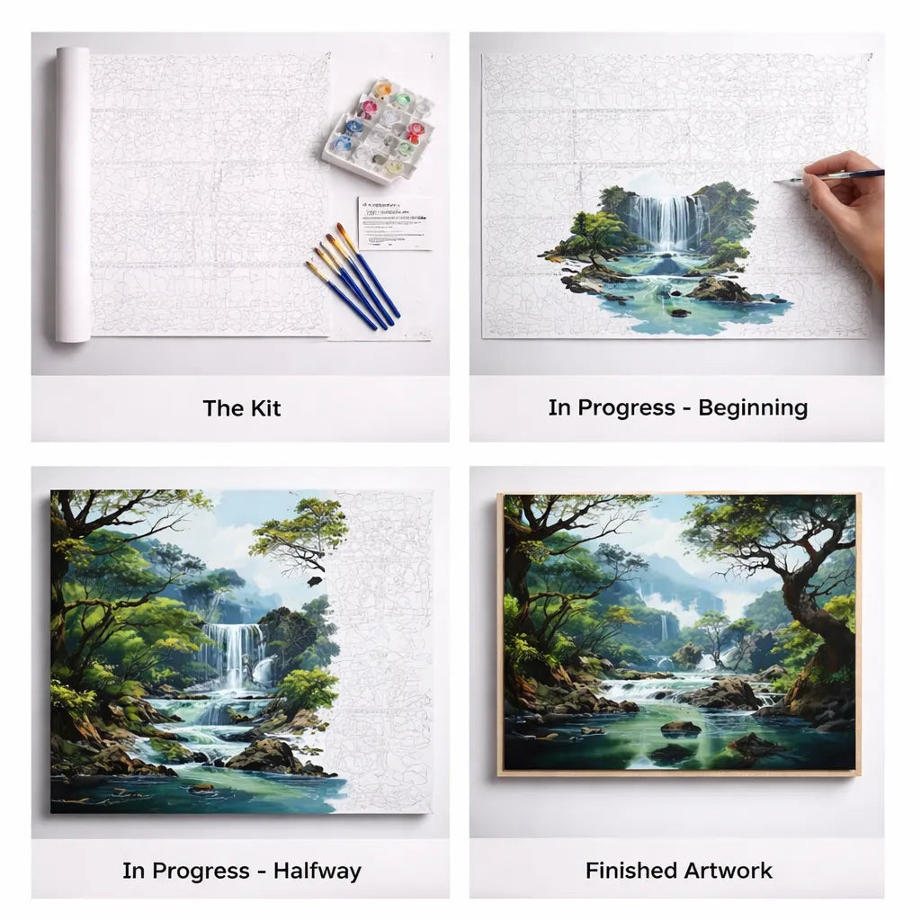 Second view of the Hidden Falls paint by numbers canvas showing mist and foliage detail