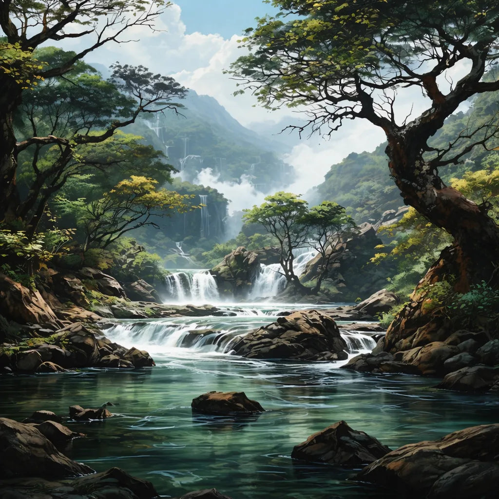 Forest waterfall scene, Hidden Falls paint by numbers artwork with mountains and trees