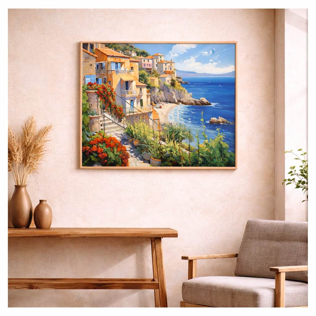 Second view of the Seaside Haven paint by numbers canvas showing rooftop and geranium detail