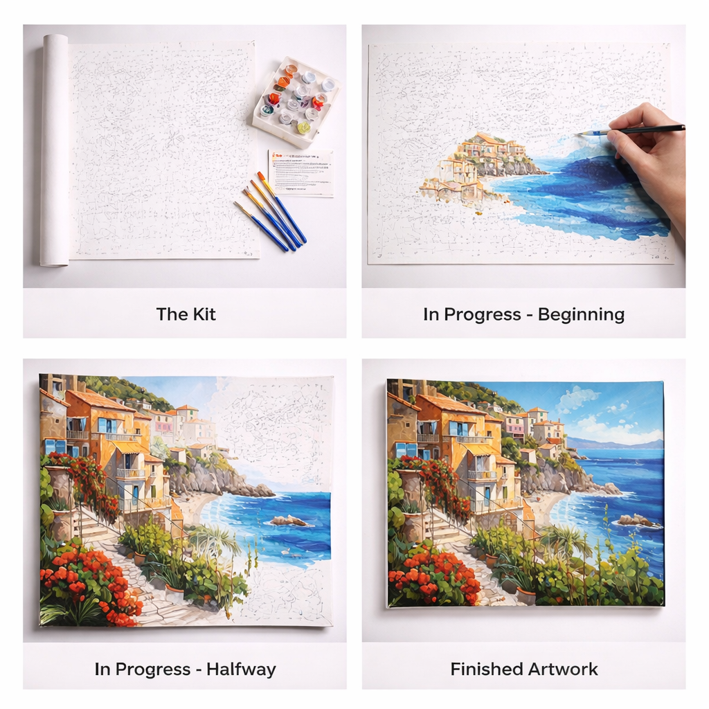 What's inside the Seaside Haven paint by numbers kit — canvas, paints and brushes