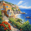 Cliffside coastal town above a sandy cove, Seaside Haven paint by numbers artwork