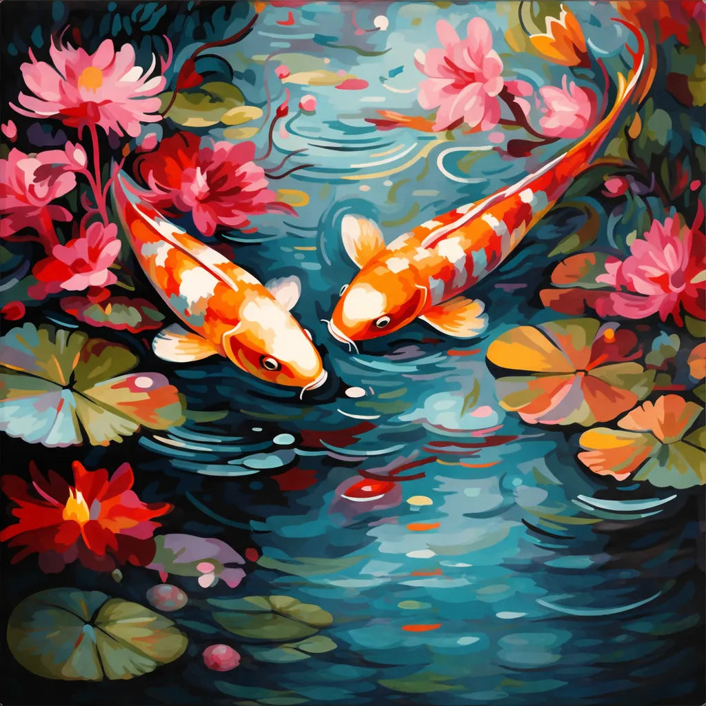 Two koi fish among lotus blooms, koi pond paint by numbers artwork
