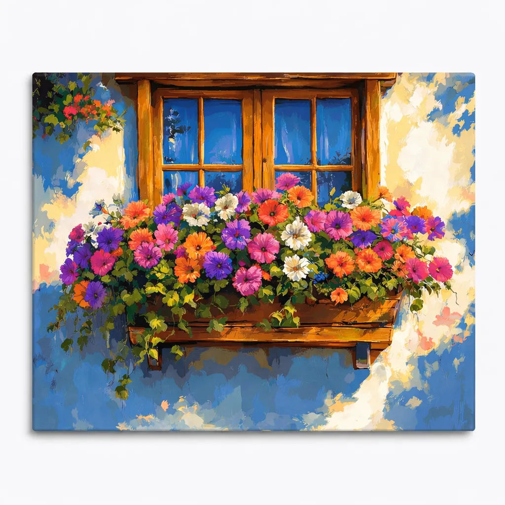 Window box overflowing with petunias, Flowers at the Heart Window paint by numbers artwork