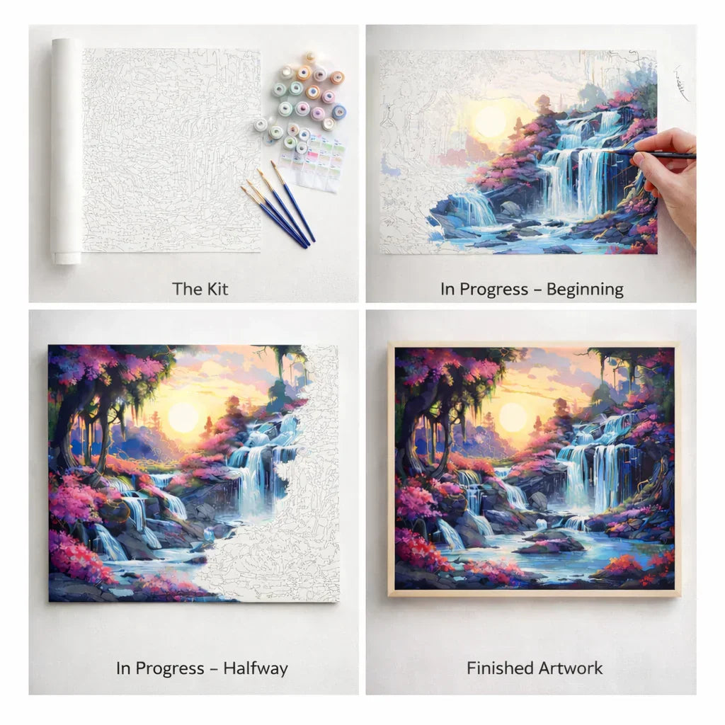 What's inside the Floral Cascade paint by numbers kit: canvas, paints and brushes