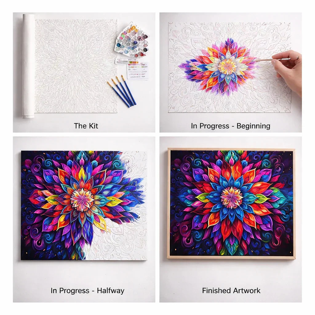 Hands painting the floral mandala paint by numbers canvas, numbered sections mid-progress
