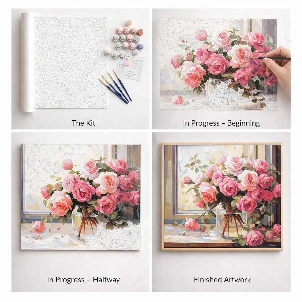 What's inside the Windowsill Roses paint by numbers kit — canvas, paints and brushes