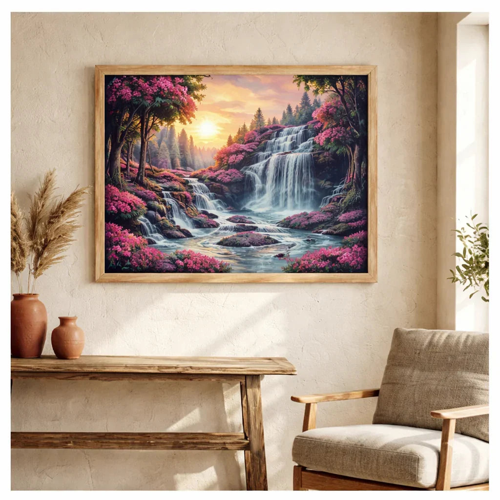 Hands painting the tumbling waterfall during the Floral Cascade paint by numbers process