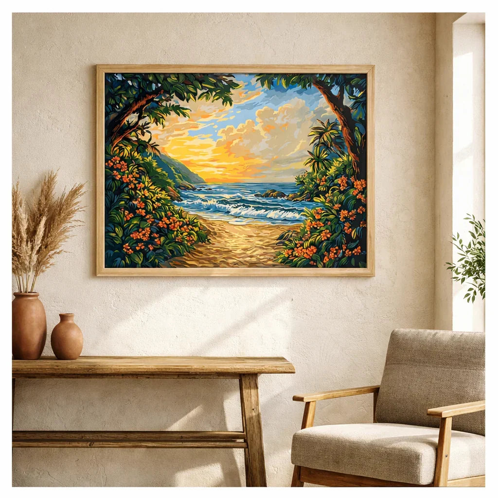 Finished Ocean Serenity paint by numbers artwork framed on a wall