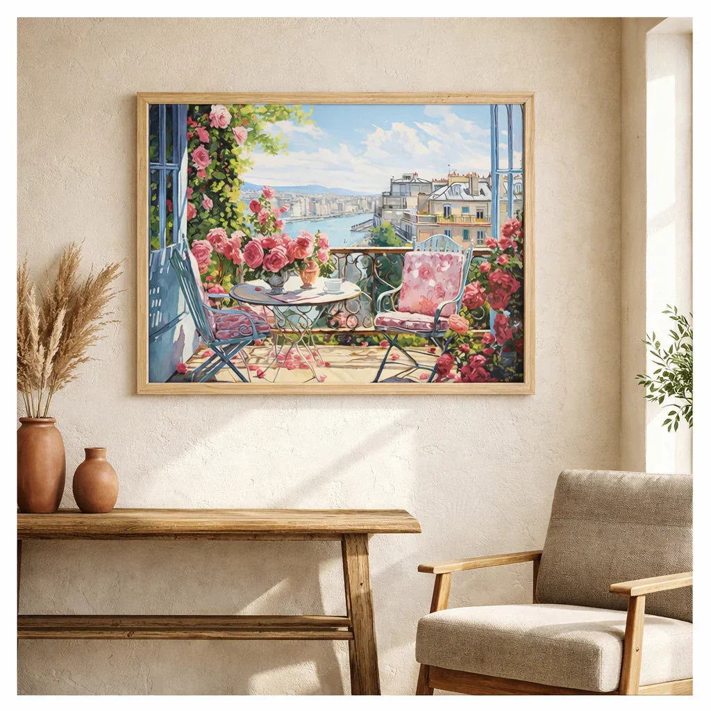 Finished Blush Bloom paint by numbers artwork framed on a living room wall