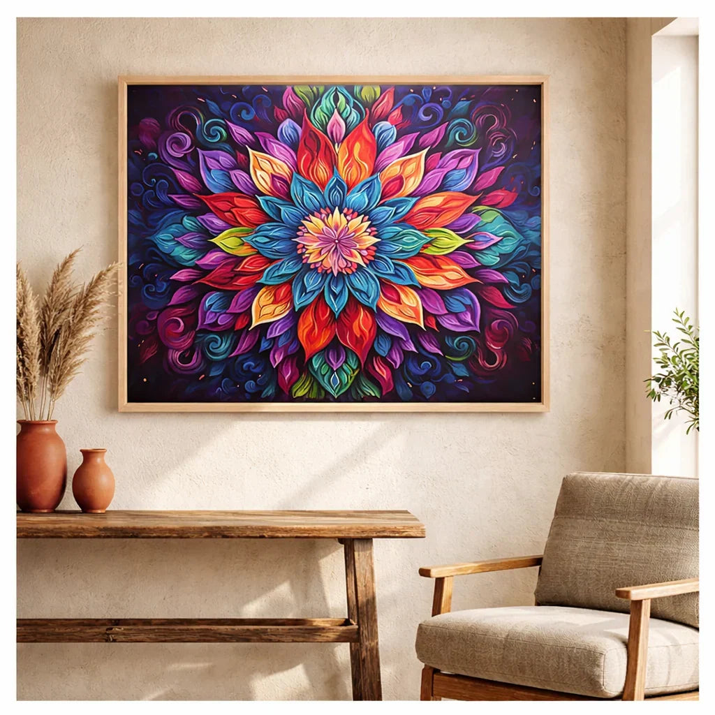 Finished floral mandala paint by numbers canvas framed and hung on a living room wall