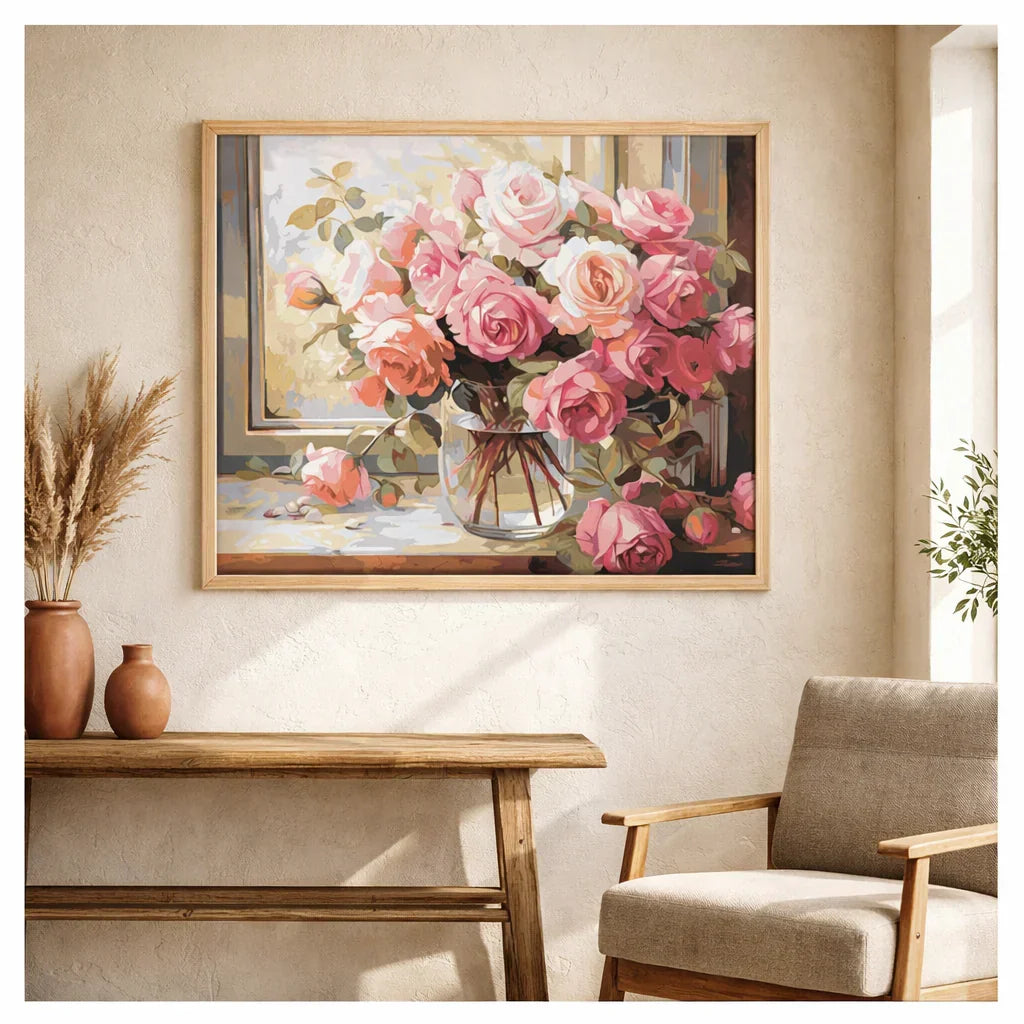 Hands painting rose petals on the windowsill roses paint by numbers canvas