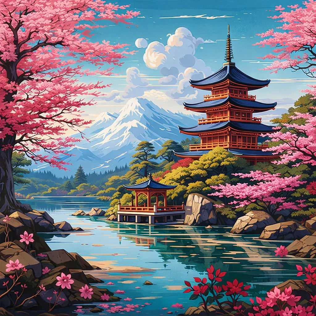 Finished Stillness of Sakura paint by numbers artwork framed on a wall