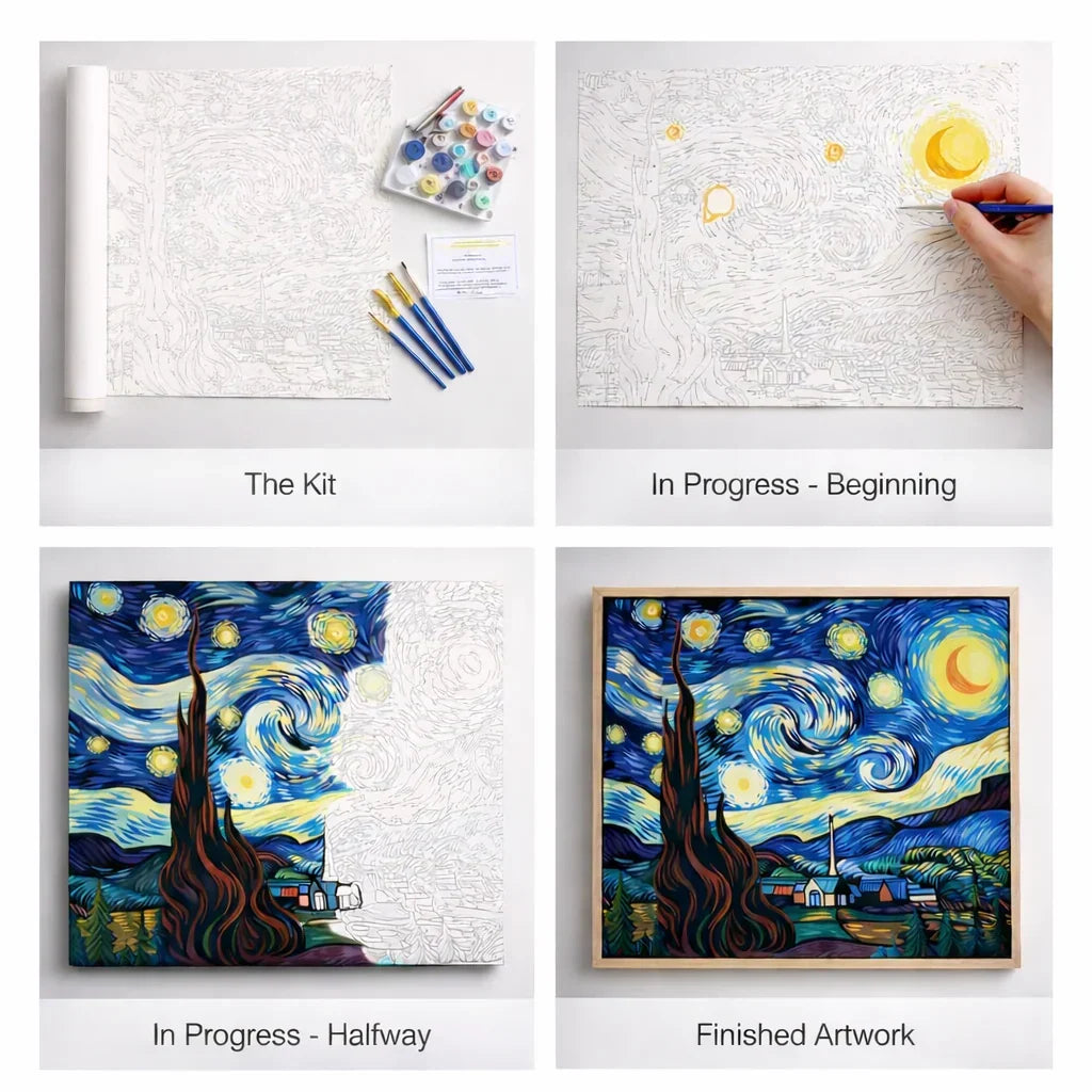 What's inside the Celestial Calm paint by numbers kit: canvas, paints and brushes