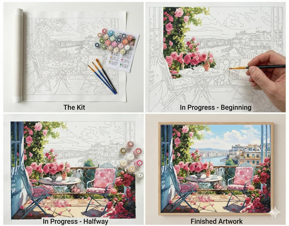 Hands painting the rose-draped railing during the Blush Bloom paint by numbers process