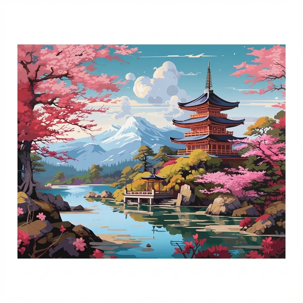 Stillness of Sakura paint by numbers canvas of a Japanese pagoda by a lake