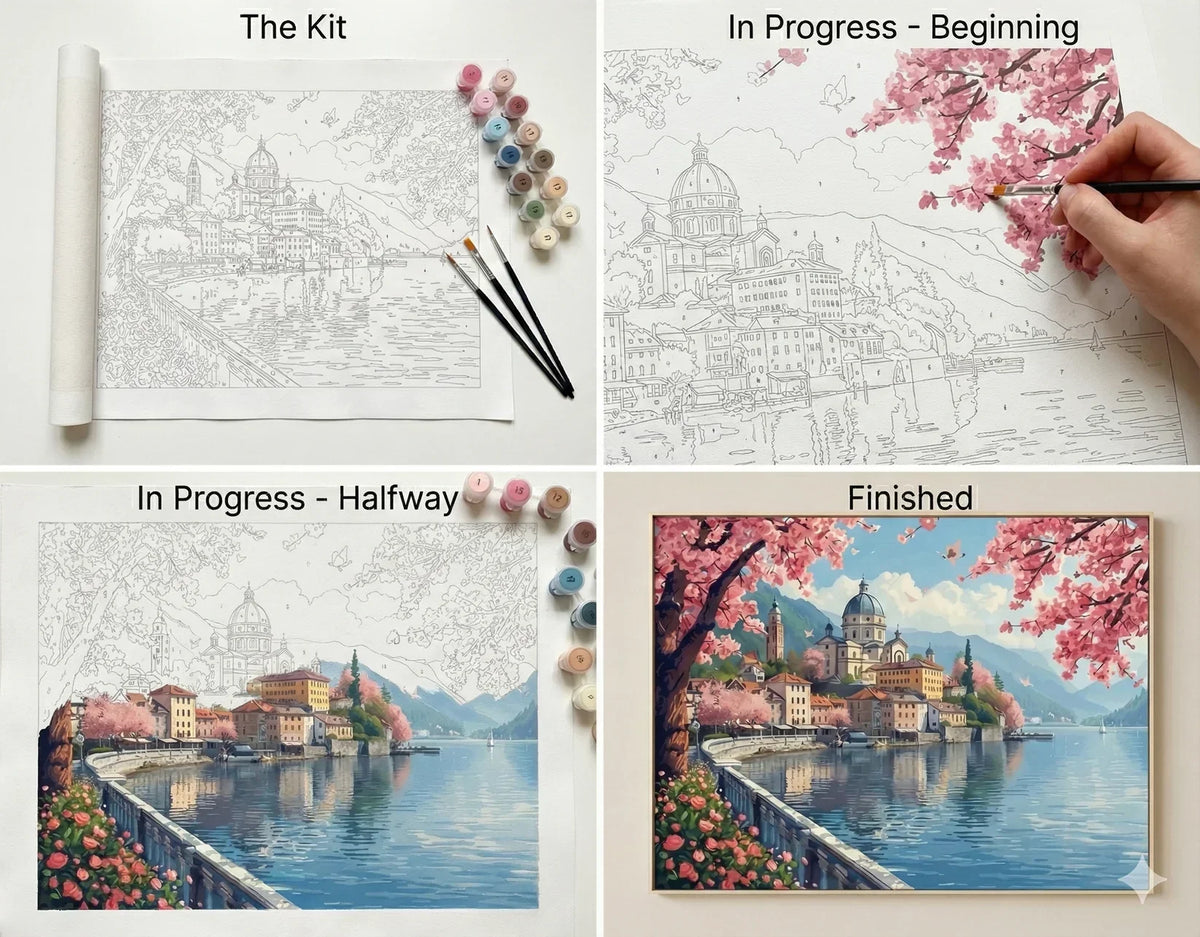 What's inside the Springtime by the Lake paint by numbers kit: canvas, paints and brushes