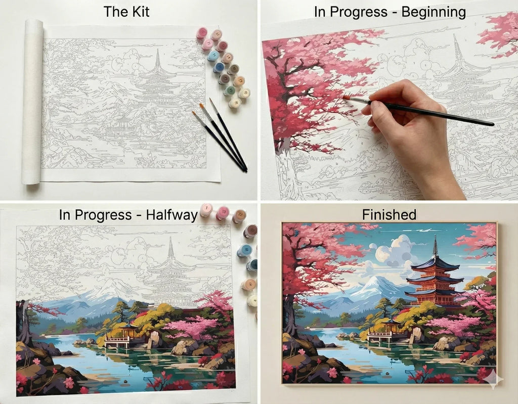 What's inside the Stillness of Sakura paint by numbers kit: canvas, paints and brushes