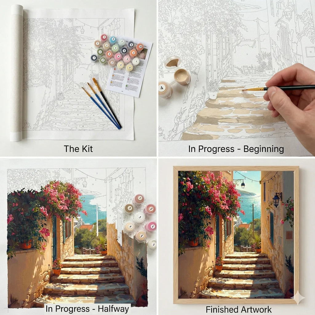 What's inside the Coastal Escape Path paint by numbers kit: canvas, paints and brushes