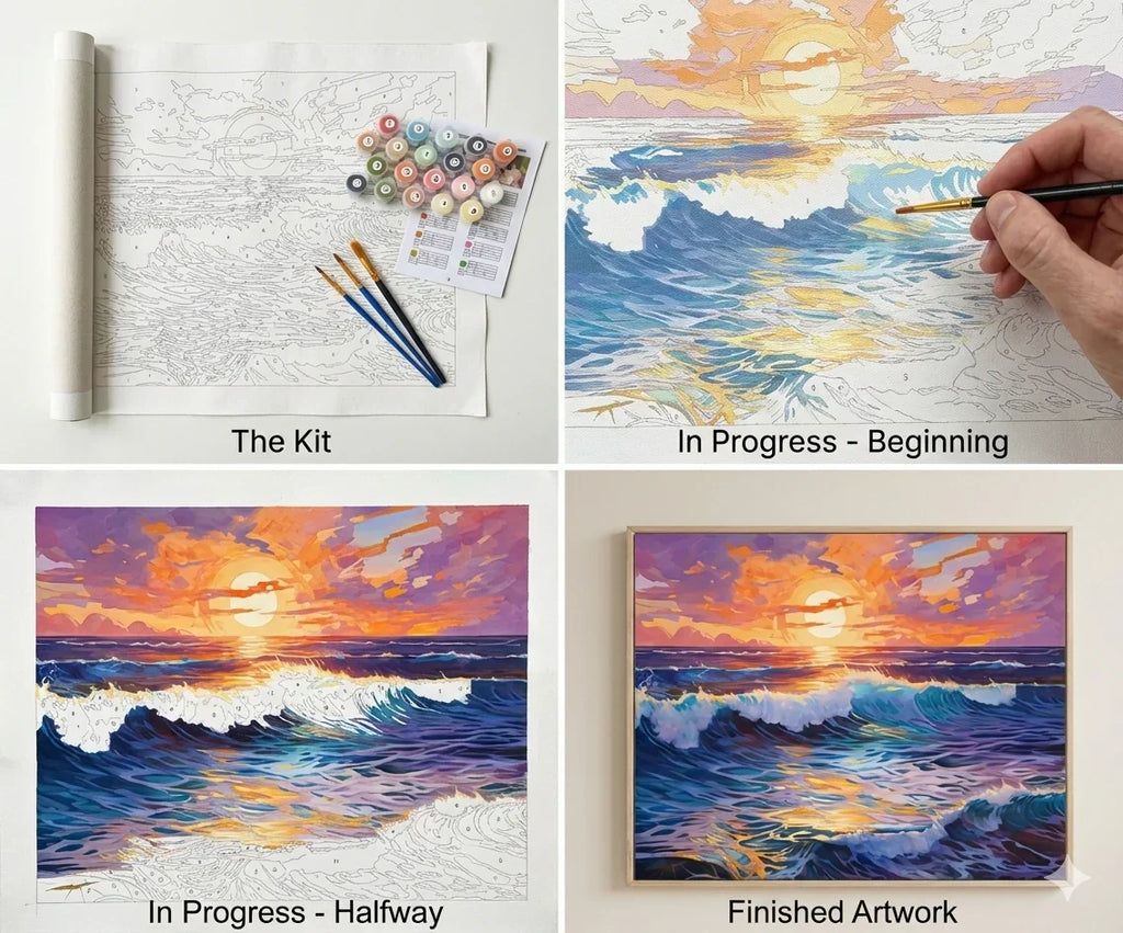 What's inside the Sandy Shores paint by numbers kit: canvas, paints and brushes