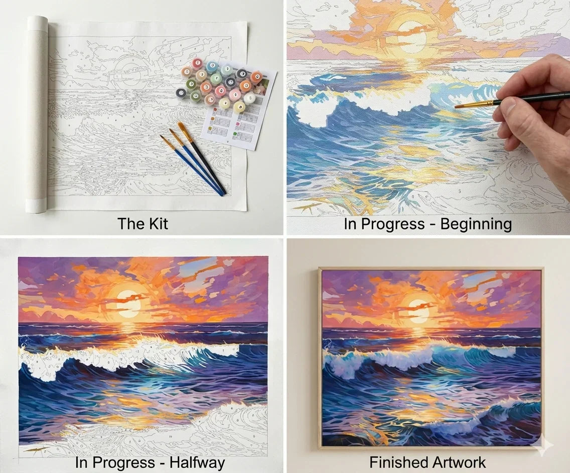 What's inside the Sandy Shores paint by numbers kit: canvas, paints and brushes