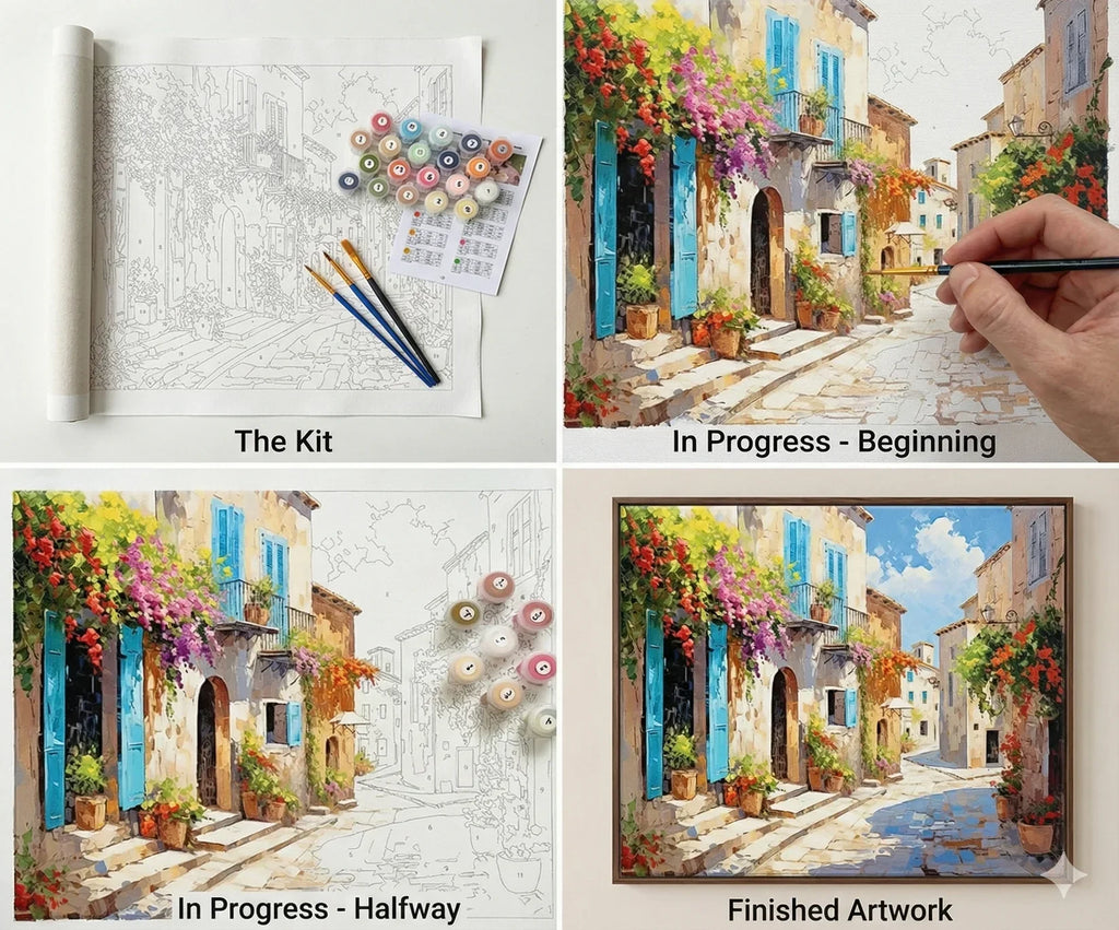 Hands painting the turquoise shutters during the Serenity in Nature paint by numbers process