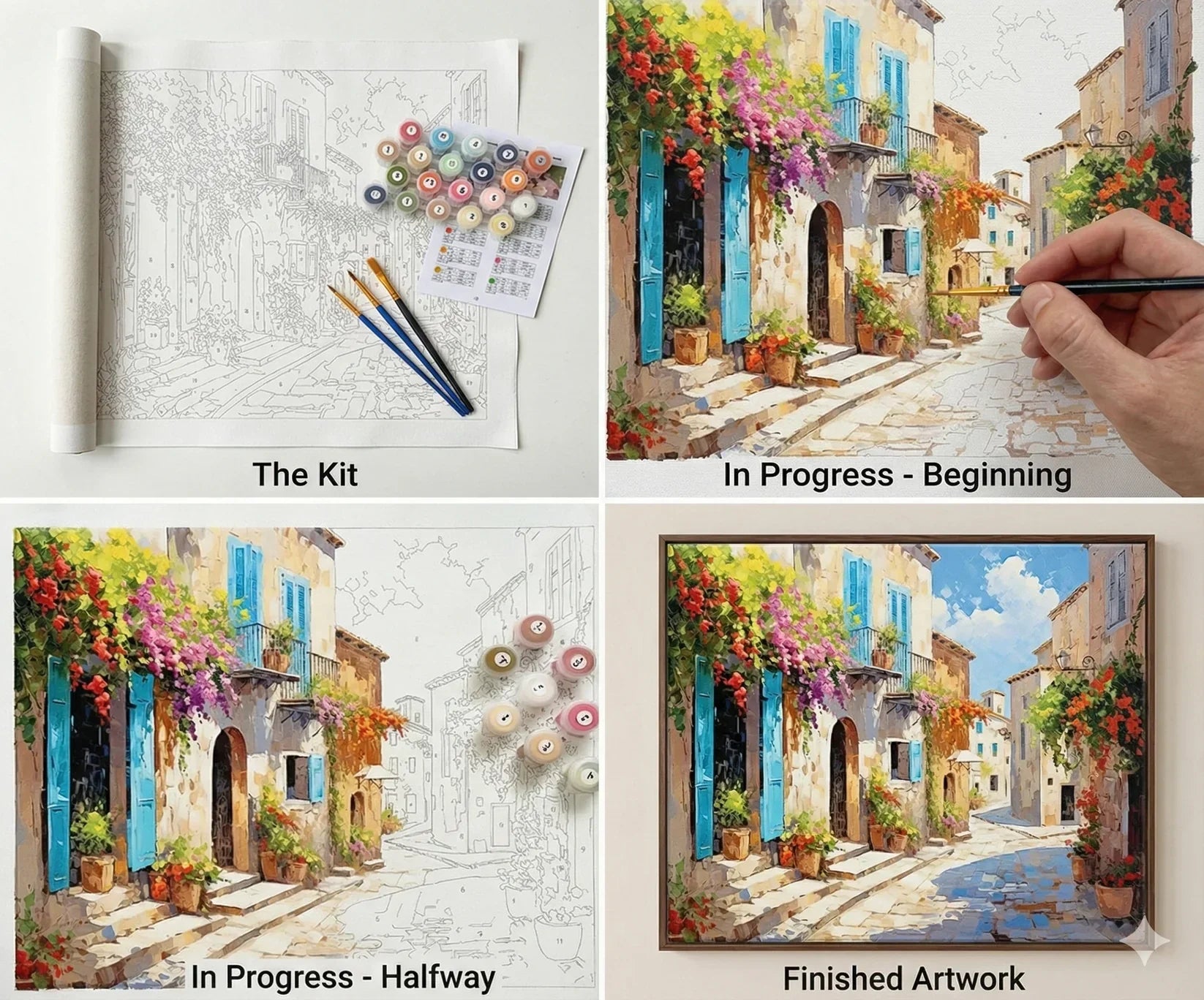 Hands painting the turquoise shutters during the Serenity in Nature paint by numbers process