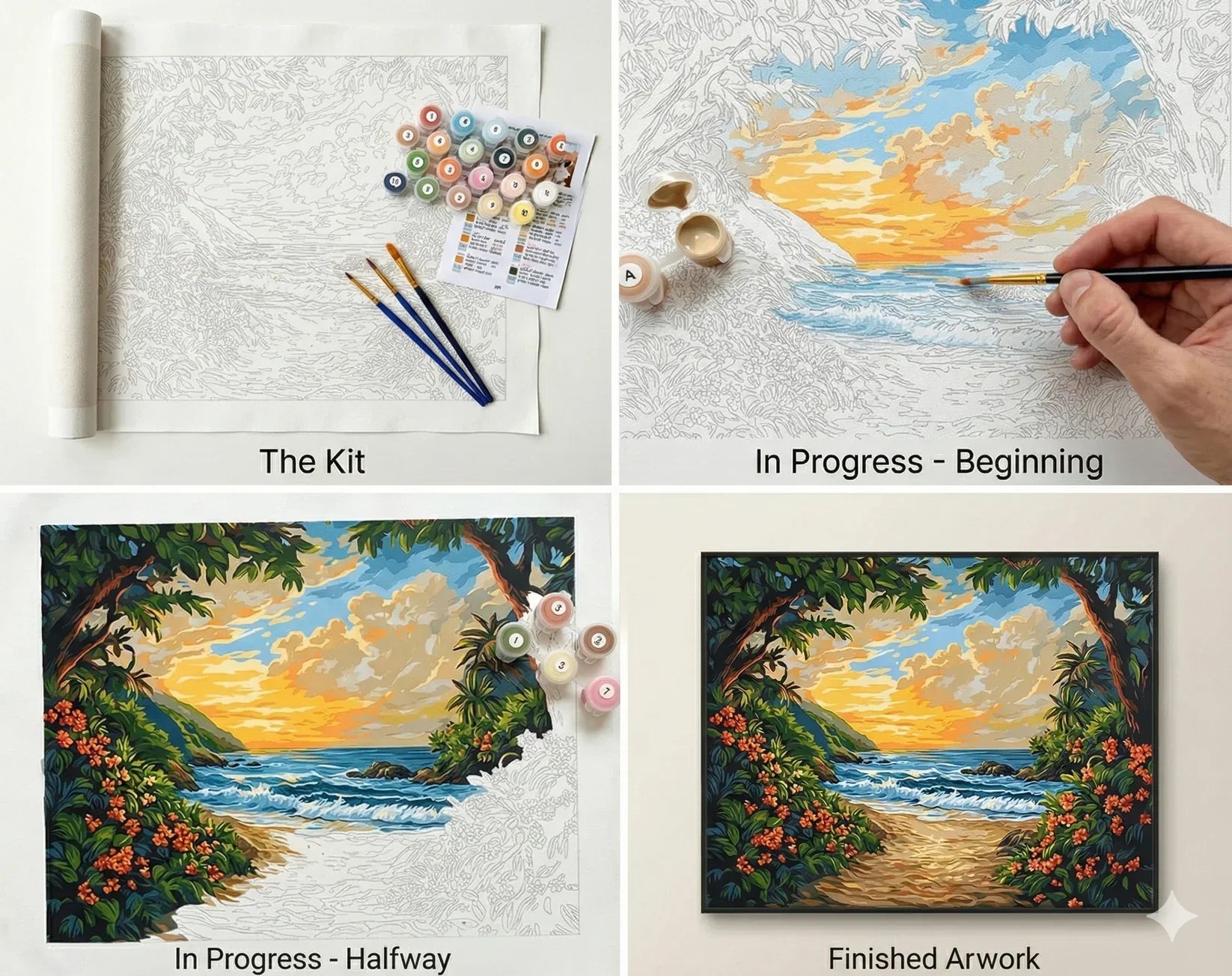 What's inside the Ocean Serenity paint by numbers kit: canvas, paints and brushes