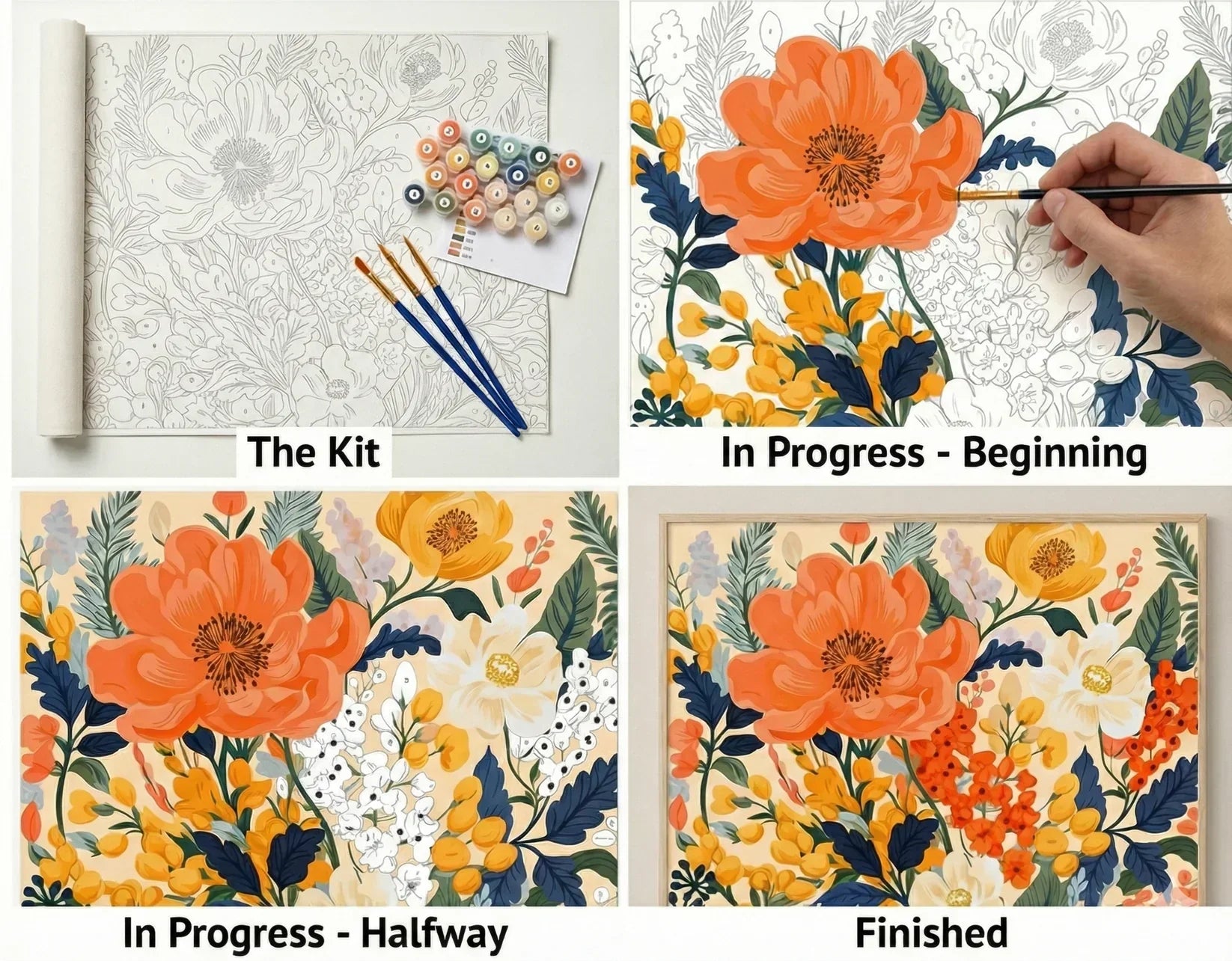 What's inside the Soft Morning Florals paint by numbers kit: canvas, paints and brushes