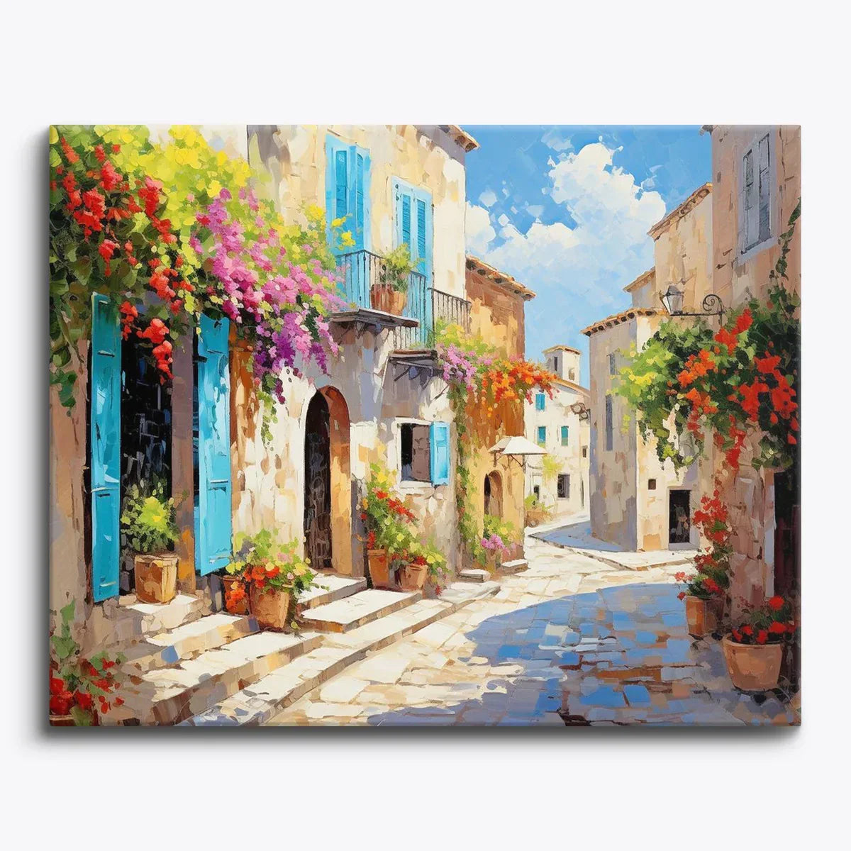 Serenity in Nature paint by numbers canvas of a flower-draped Mediterranean street