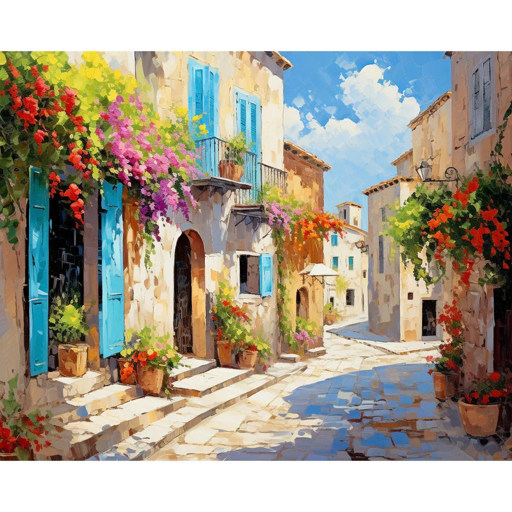 Second view of the bougainvillea-covered lane in the Serenity in Nature paint by numbers kit