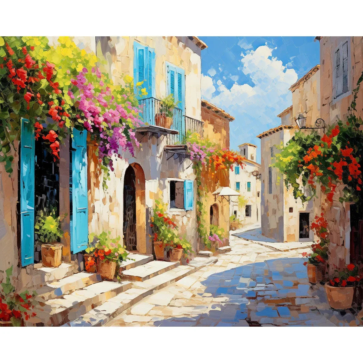 Second view of the bougainvillea-covered lane in the Serenity in Nature paint by numbers kit