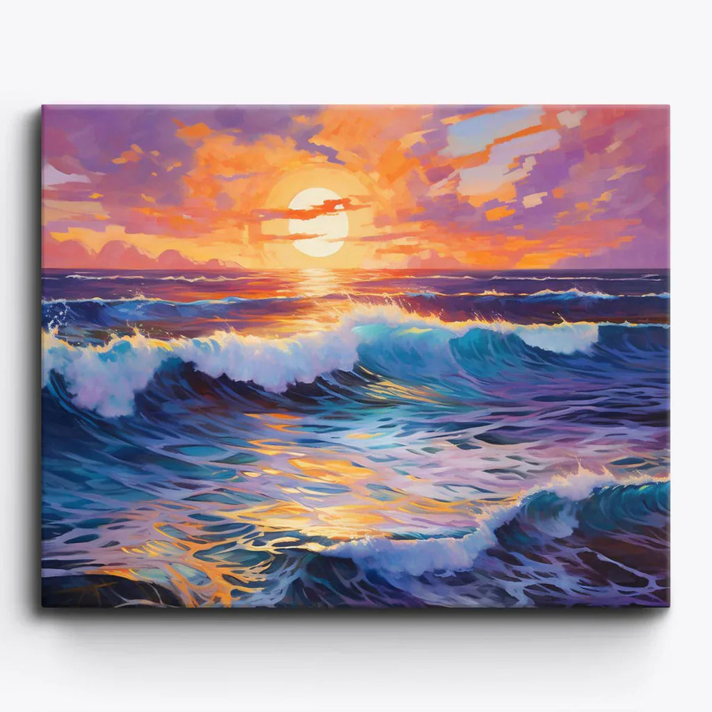 Sandy Shores paint by numbers canvas of a dramatic ocean sunset with rolling waves