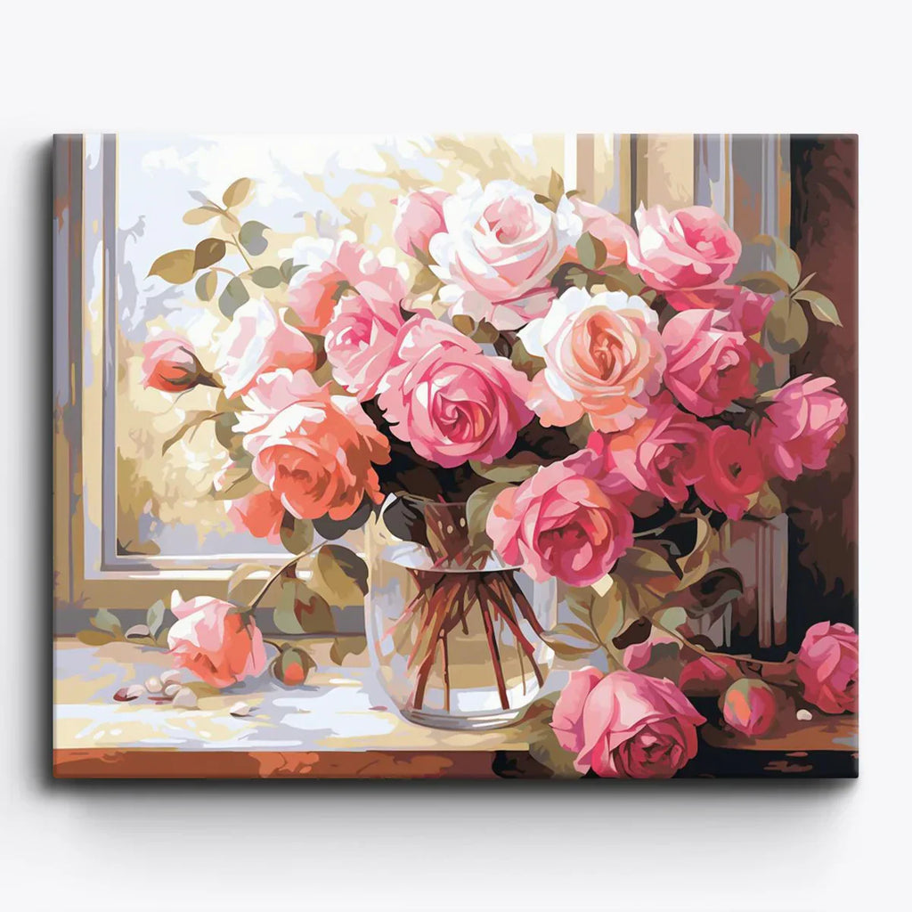 Pink and white roses in a glass vase, windowsill roses paint by numbers artwork