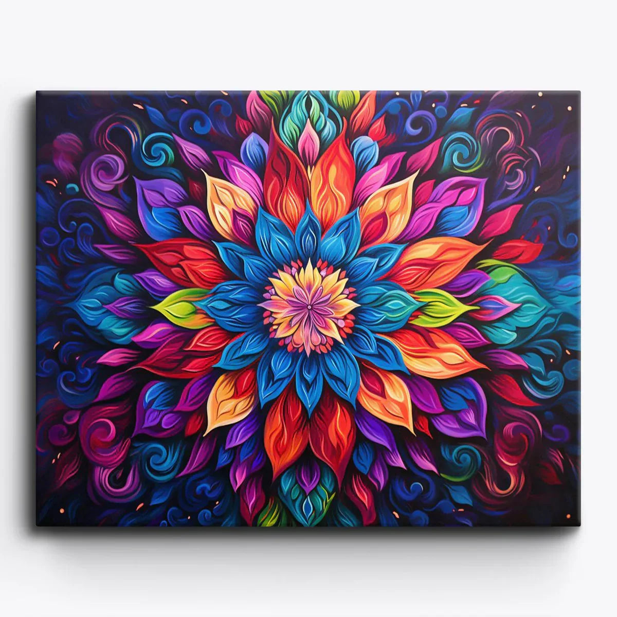 Colourful floral mandala paint by numbers canvas with radiating jewel-toned petals