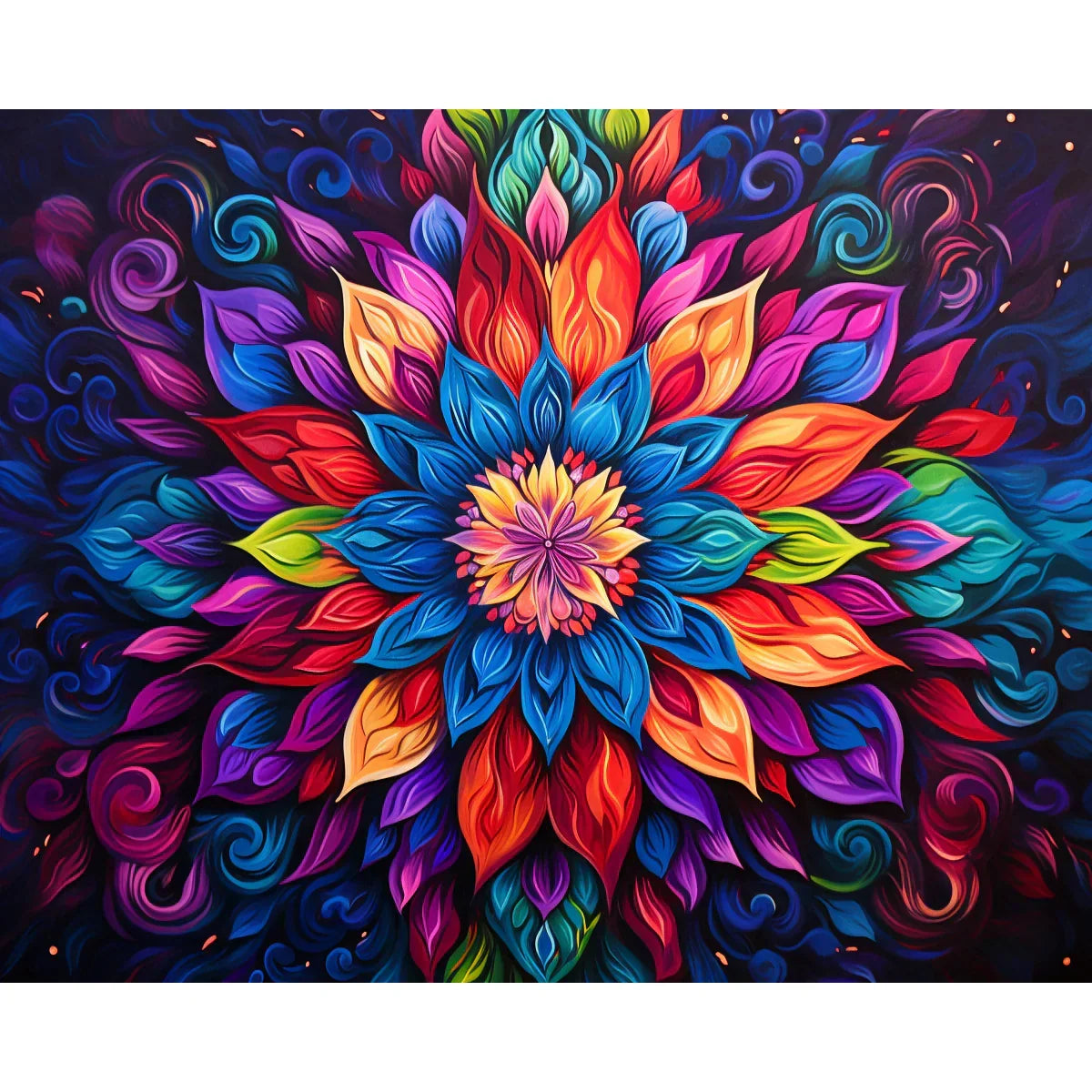 Close-up view of the floral mandala paint by numbers artwork's rich petal detail
