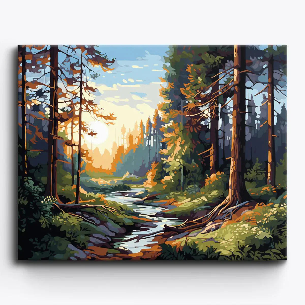 Whispering Woods paint by numbers canvas of a sunrise pine forest and stream