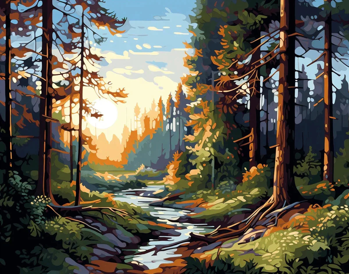 Finished Whispering Woods paint by numbers artwork framed on a wall