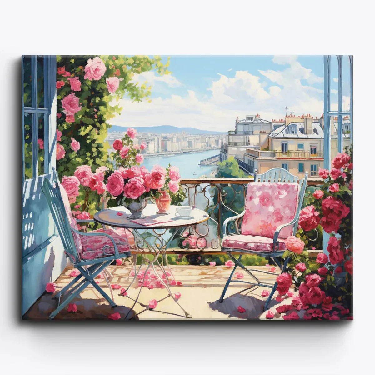 Second view of the pink rose balcony scene in the Blush Bloom paint by numbers kit