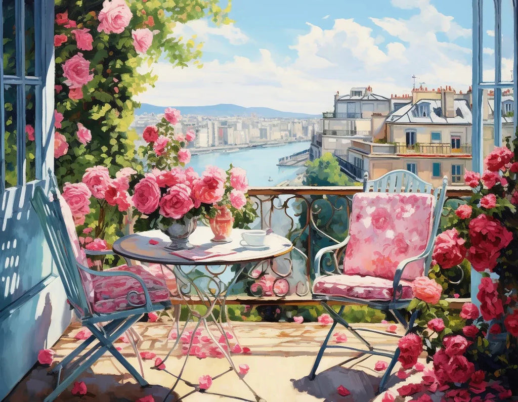 Blush Bloom paint by numbers canvas of a rose-covered balcony over a river city