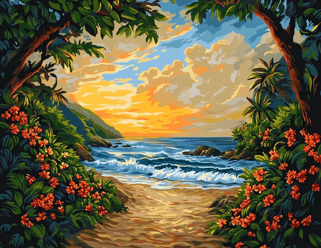Ocean Serenity paint by numbers canvas of a tropical beach cove at sunset