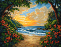 Ocean Serenity paint by numbers canvas of a tropical beach cove at sunset