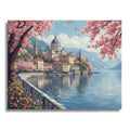 Springtime by the Lake paint by numbers canvas of a cherry blossom lakeside town