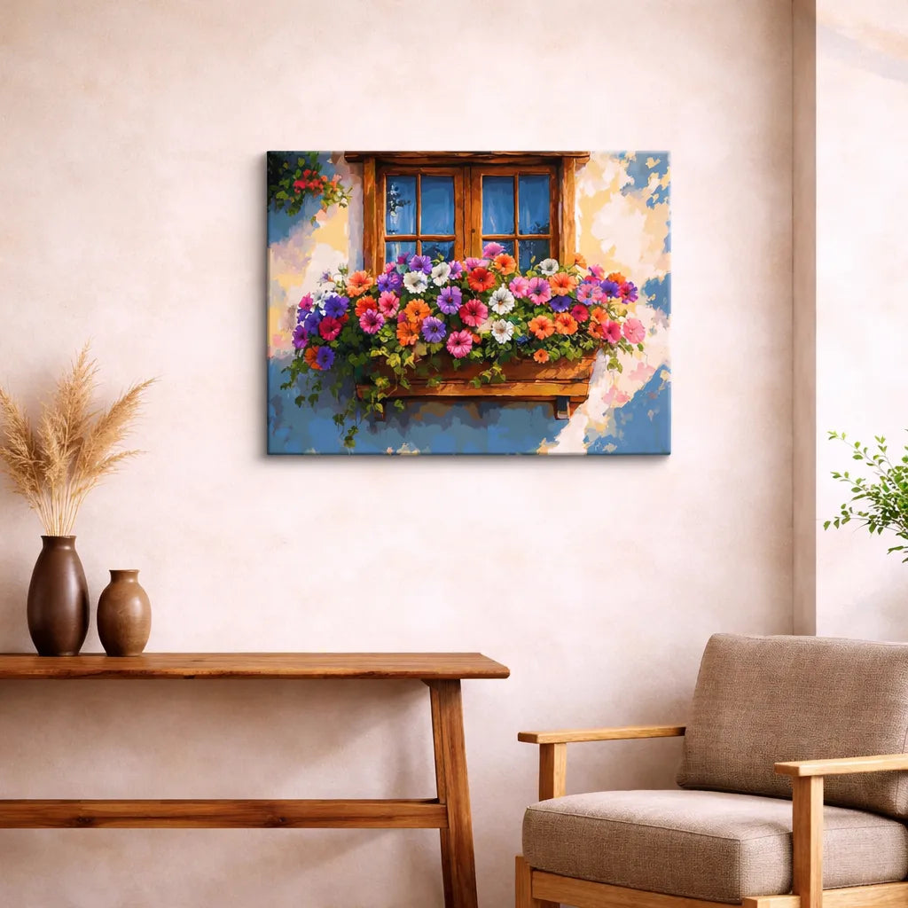 Close-up of the flower box detail on the Heart Window paint by numbers canvas
